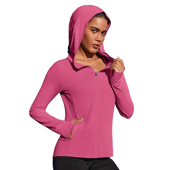 Pinspark Women's Athletic Hoodie Jackets Sun Protection Slim Fit Track Jacket Lightweight Long Sleeve Performance Shirt with Pockets