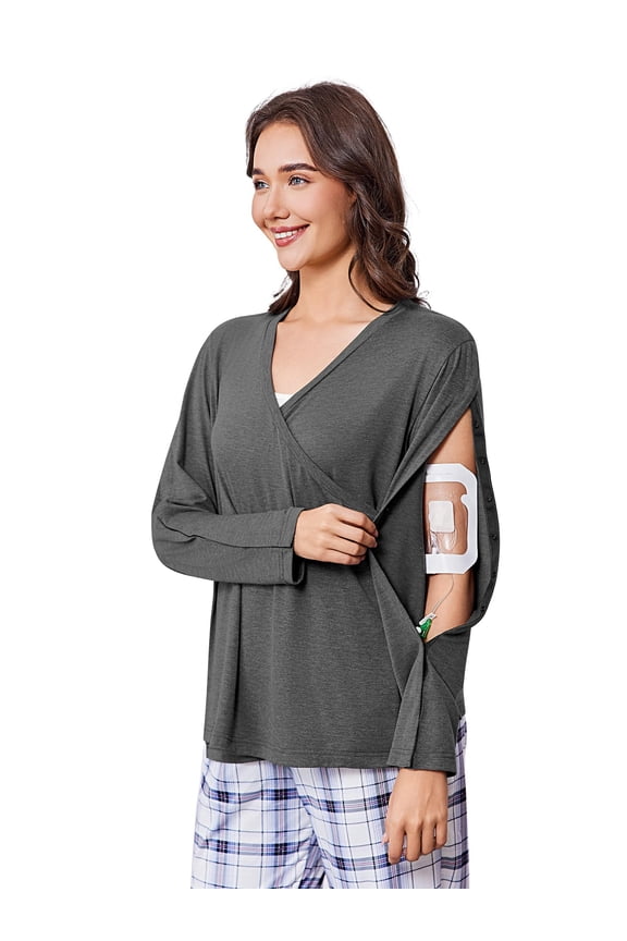 Women's Post-Shoulder Surgery Shirts Long Sleeve V-Neck Wrap Chemo Blouse for Port Access Arm Snap On Dialysis Shirts