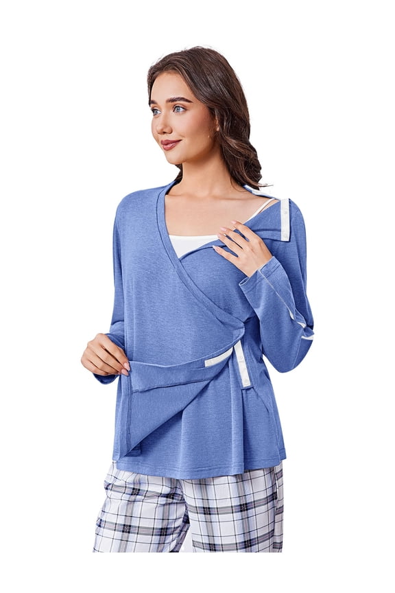 Women's Post-Shoulder Surgery Shirts Long Sleeve V-Neck Wrap Chemo Blouse for Port Access Arm Snap On Dialysis Shirts