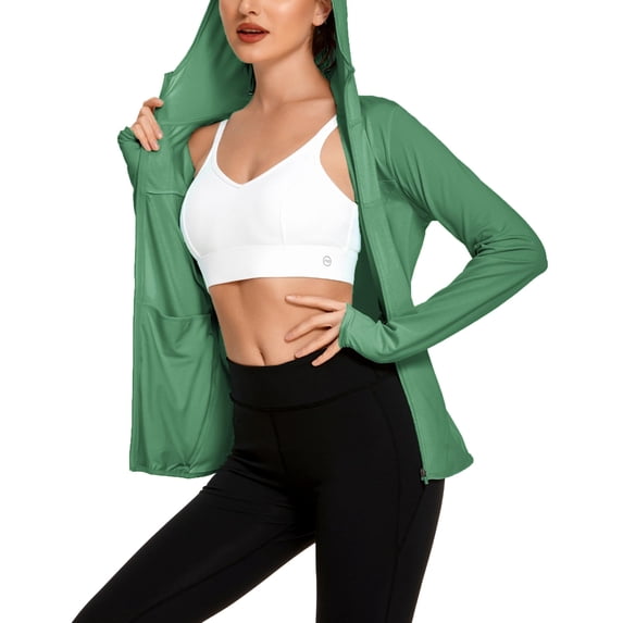 Pinspark Women's UPF 50+ Sun Protection Hoodie Jacket Cooling Long Sleeve Athletic Running Shirt Lightweight Full Zip Workout Top for Hiking Travel