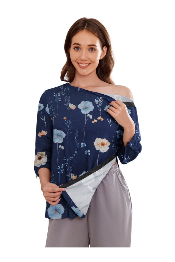 Womens Full Snap Post Shoulder Surgery Shirts 3/4 Sleeve Chemo Port Tops After Rotator Cuff Adaptive Recovery Clothing