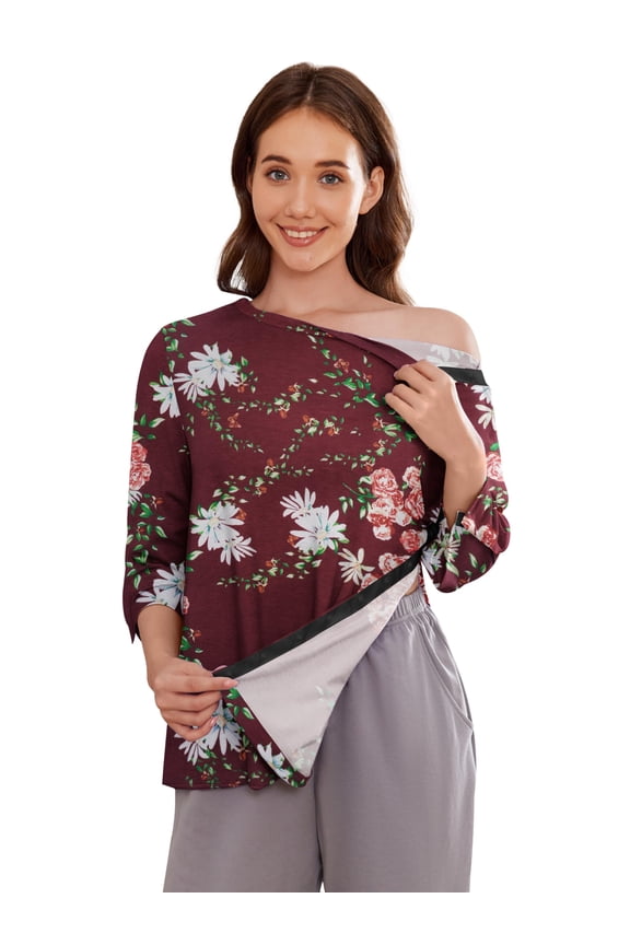 Women's Adaptive 3/4 Sleeve Tops Full Snap Design for Post Shoulder Surgery Rotator Cuff Recovery and Chemo Port Access