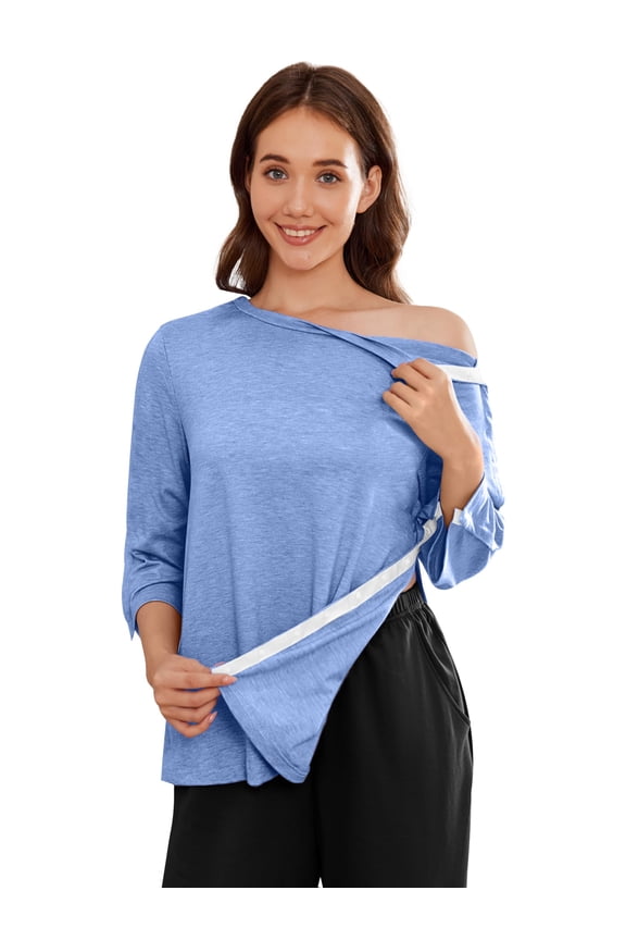 Womens Full Snap Post Shoulder Surgery Shirts 3/4 Sleeve Chemo Port Tops After Rotator Cuff Adaptive Recovery Clothing