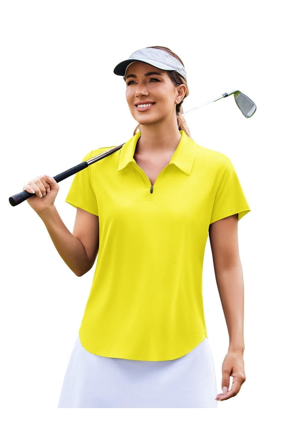 Womens Golf Shirts 1/4 Zip Up Polo Short Sleeve Quick Dry Tennis Work Collared Top V Neck Polo with Curved Hem