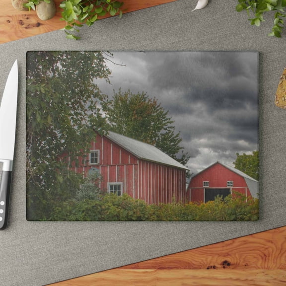 U R There Photography Pinstripe Barn and Buddy I Rustic Farmhouse Tempered-Glass Cutting Board 11"x 15"