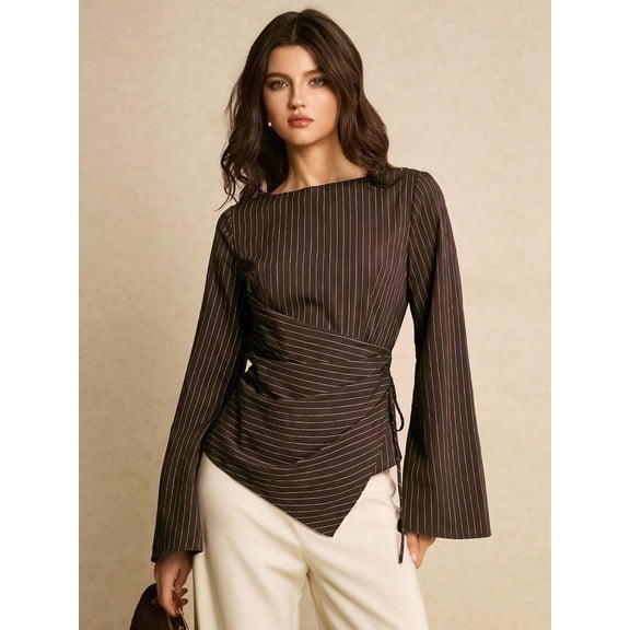 Pinstripe Boat Neck Fitted Top with Ruched Side and Flare Sleeves