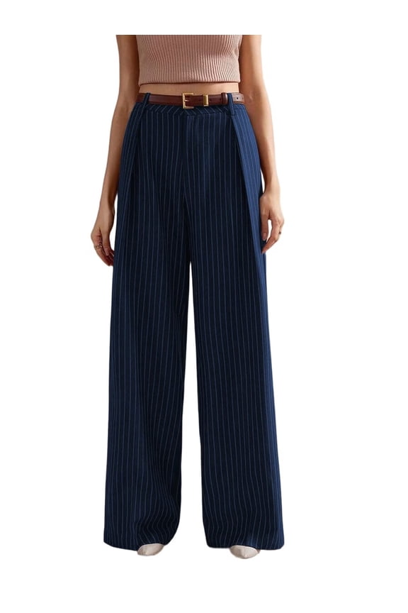 Pinstripe Dress Pants Women High Waisted Wide Leg Pants with Pockets Pleated Business Trousers Deep Blue XXL