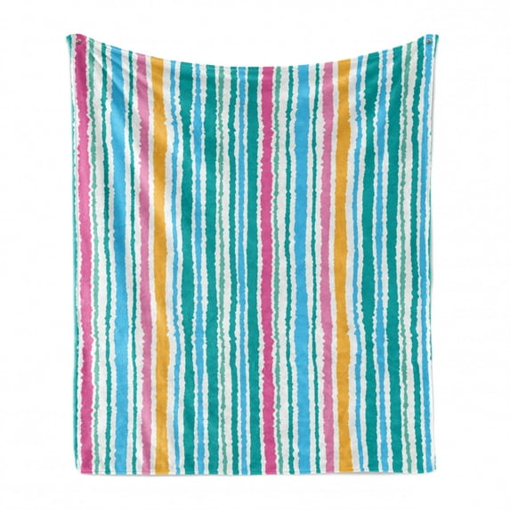 Pinstripe Soft Flannel Fleece Throw Blanket, Aquatic Colors Vertical Lines Torn Paper Effect Stripes on a Plain Background, Cozy Plush for Indoor and Outdoor Use, 70" x 90", Multicolor, by Ambesonne