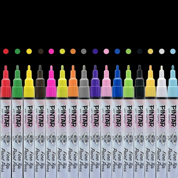Pintar: Acrylic Paint Markers - Fine Tip 1mm, 16 Pack- Bright Opague Colors, Glossy Finish, Japanese Ink Multi-Surface Pens, Premium Art Supplies