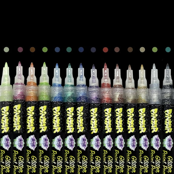 Pintar: Acylic Paint Markers: Glitter - Extra Fine Tip .7mm, 14 Pack - Stylus Paint Pens, Opague Japanese Ink, Multi-Surface, Premium Art Supplies