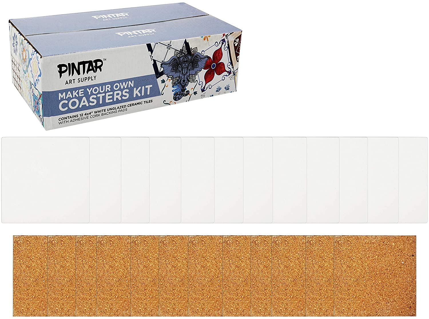Pintar Art 12 Pack of 4x4” White Unglazed Ceramic Coasters Tiles with Adhesive Cork