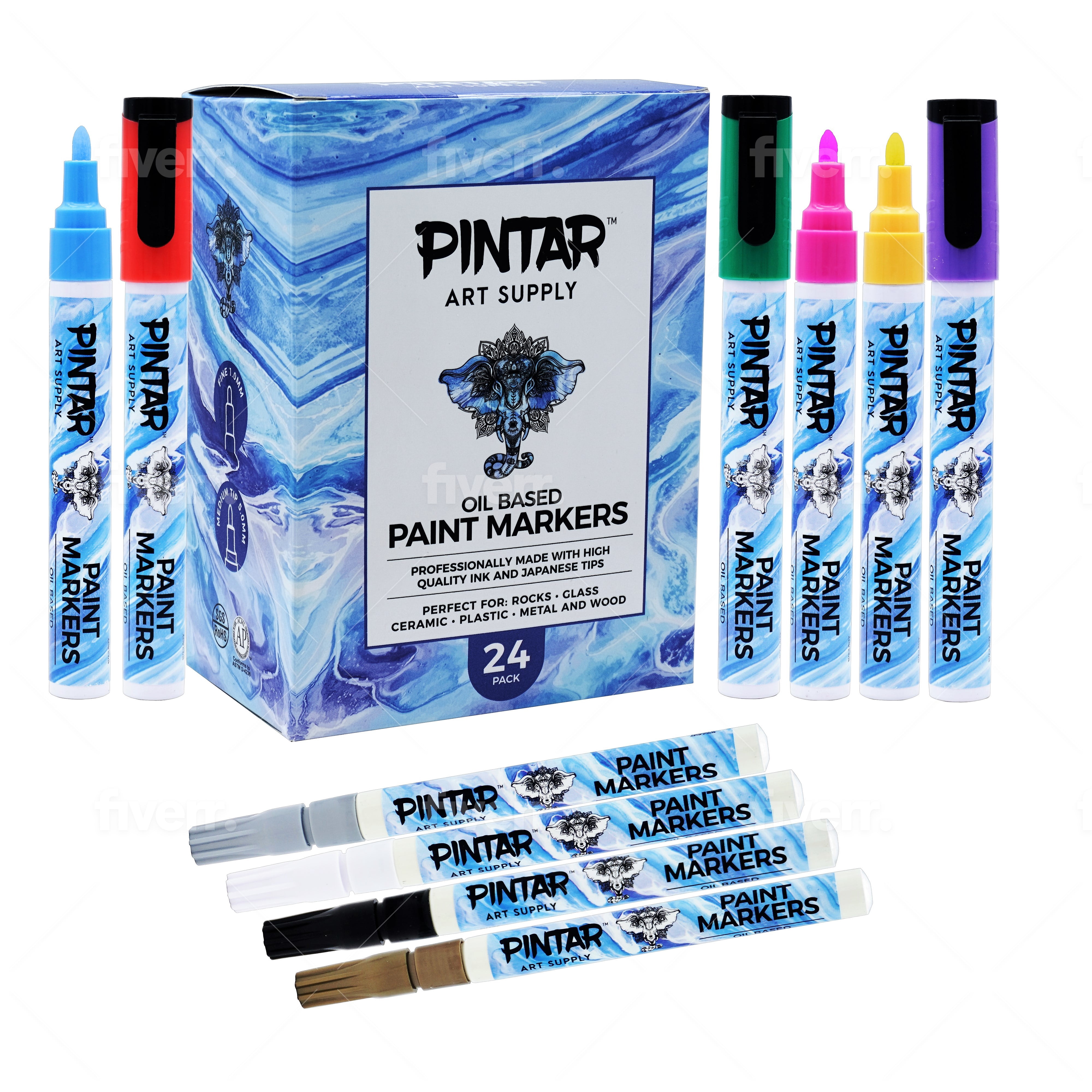 PINTAR Oil Based Paint Pens - Oil Paint Markers - Paint Pens For Rock Painting,Glass, Wood, Plastic, Canvas, Paper, Metal, Ceramic, & Fabric - 20 Medium Tip & 4 Fine Tip Colored Markers