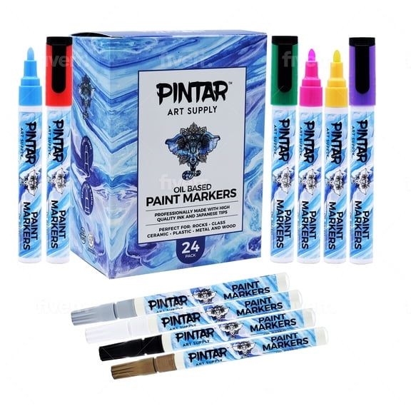 PINTAR Oil Based Paint Pens - Oil Paint Markers - Paint Pens For Rock Painting,Glass, Wood, Plastic, Canvas, Paper, Metal, Ceramic, & Fabric - 20 Medium Tip & 4 Fine Tip Colored Markers