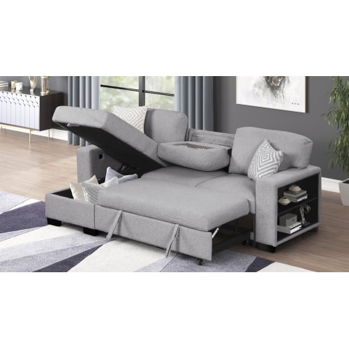 Pinto Modern Style Sectional Sofa L-Shaped Velvet Couch with Reversible Chaise, USB Ports, Drop-Down Tray, Bookshelf Arms, and Sleeper Bed, Gray, NJ Inventory