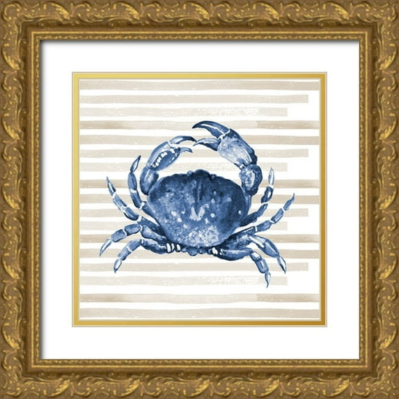 Pinto, Patricia 12x12 Gold Ornate Wood Framed with Double Matting Museum Art Print Titled - Blue Crab On Stripes