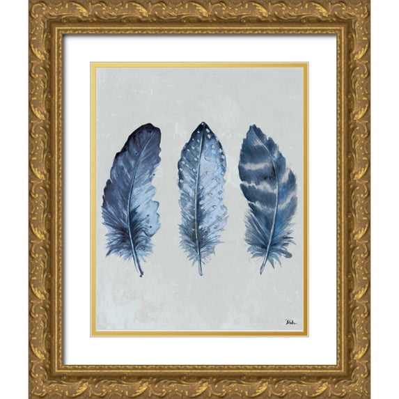 Pinto, Patricia 15x18 Gold Ornate Wood Framed with Double Matting Museum Art Print Titled - Indigo Blue Feathers I