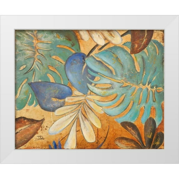 Pinto, Patricia 24x20 White Modern Wood Framed Museum Art Print Titled - Gold and Aqua Leaves I