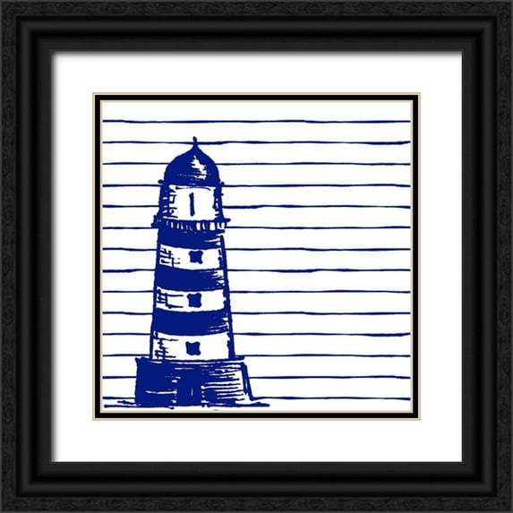 Pinto, Patricia 26x26 Black Ornate Wood Framed with Double Matting Museum Art Print Titled - Blue Nautical on Stripes II