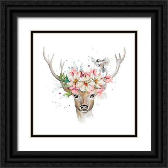 Pinto, Patricia 26x26 Black Ornate Wood Framed with Double Matting Museum Art Print Titled - Floral Woodland Deer