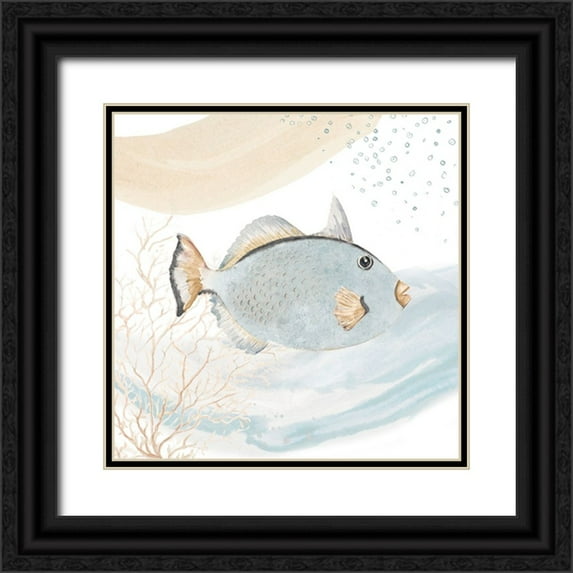 Pinto, Patricia 26x26 Black Ornate Wood Framed with Double Matting Museum Art Print Titled - Ocean Oasis Waves Blue Fish