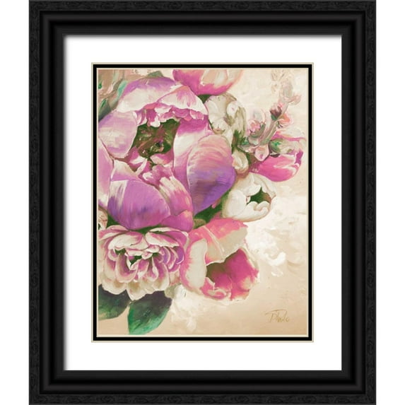 Pinto, Patricia 26x32 Black Ornate Wood Framed with Double Matting Museum Art Print Titled - Beautiful Bouquet of Peonies in Pink I
