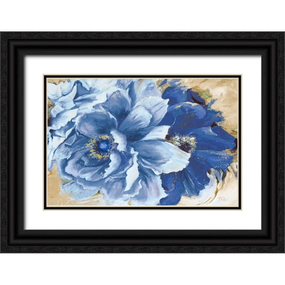 Pinto, Patricia 32x23 Black Ornate Wood Framed with Double Matting Museum Art Print Titled - Beautiful Peonies in Indigo