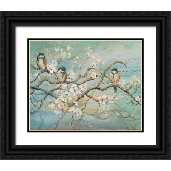 Pinto, Patricia 32x26 Black Ornate Wood Framed with Double Matting Museum Art Print Titled - Spring Branch with Birds