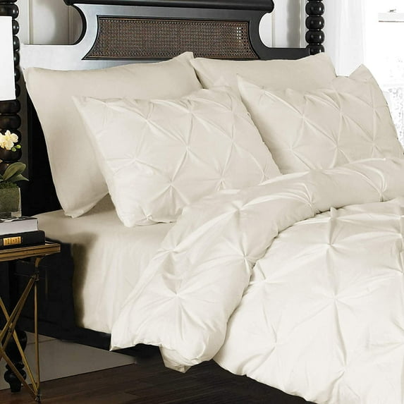 Pintuck 3-Piece Duvet Set, Pinch Pleat Design, Button Closure and Corner Ties for Easy Placement, Matching Shams Included, Full/Queen, Beige-Cream