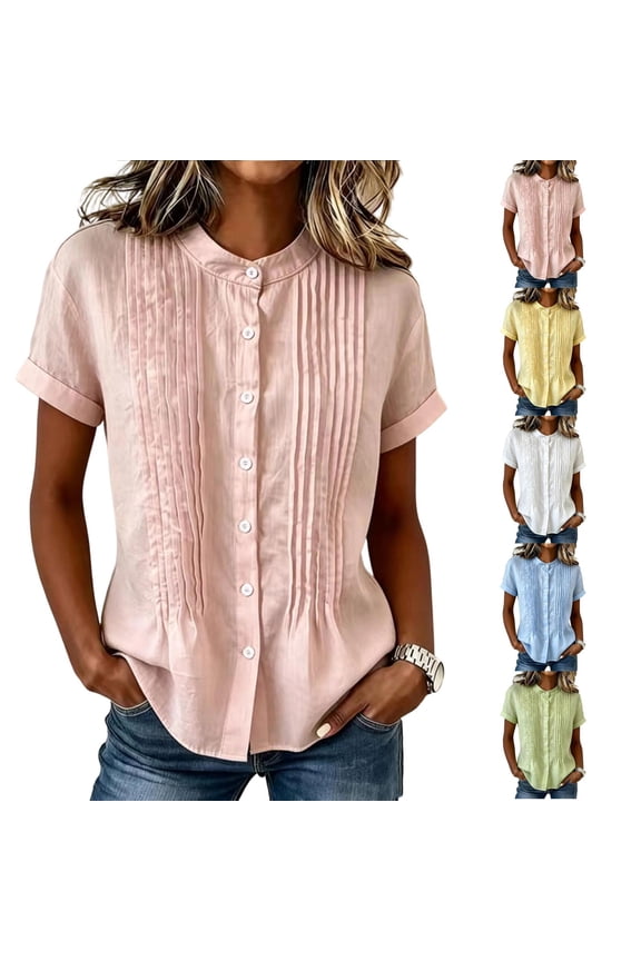 Pintuck Detail Short Sleeve Blouse for Women - Casual Solid Color Mandarin Collar Button Down Shirt, Summer Lightweight Pleated Front Tunic Top Pink XL