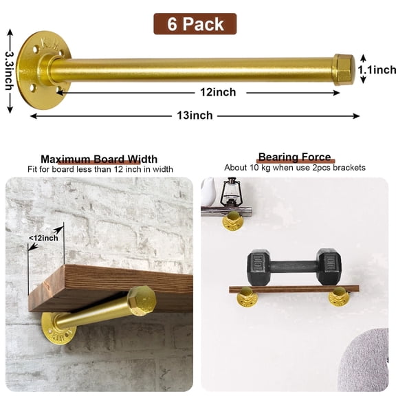 Pintuson 12-inch Gold Industrial Pipe Clothing Racks, Wall Mounted, Set of 6
