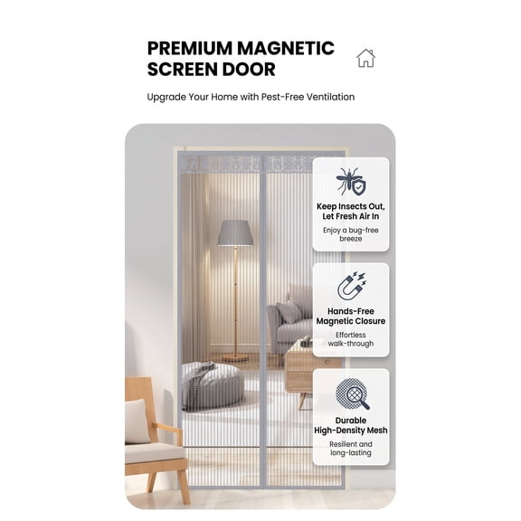 Pintuson Magnetic Screen Door, Heavy Duty Fiberglass Mesh Curtain with Continuous Magnetic Strip, Hands-Free Flying Insect Mesh Net, 37" x 83", Silver Gray (Includes 2 Storage Hooks)