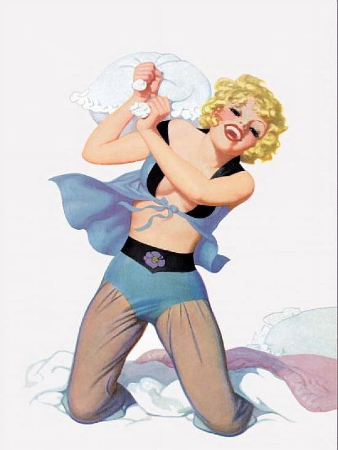 Pinup Blonde Having A Pillow Fight Canvas Art - (36 x 54)