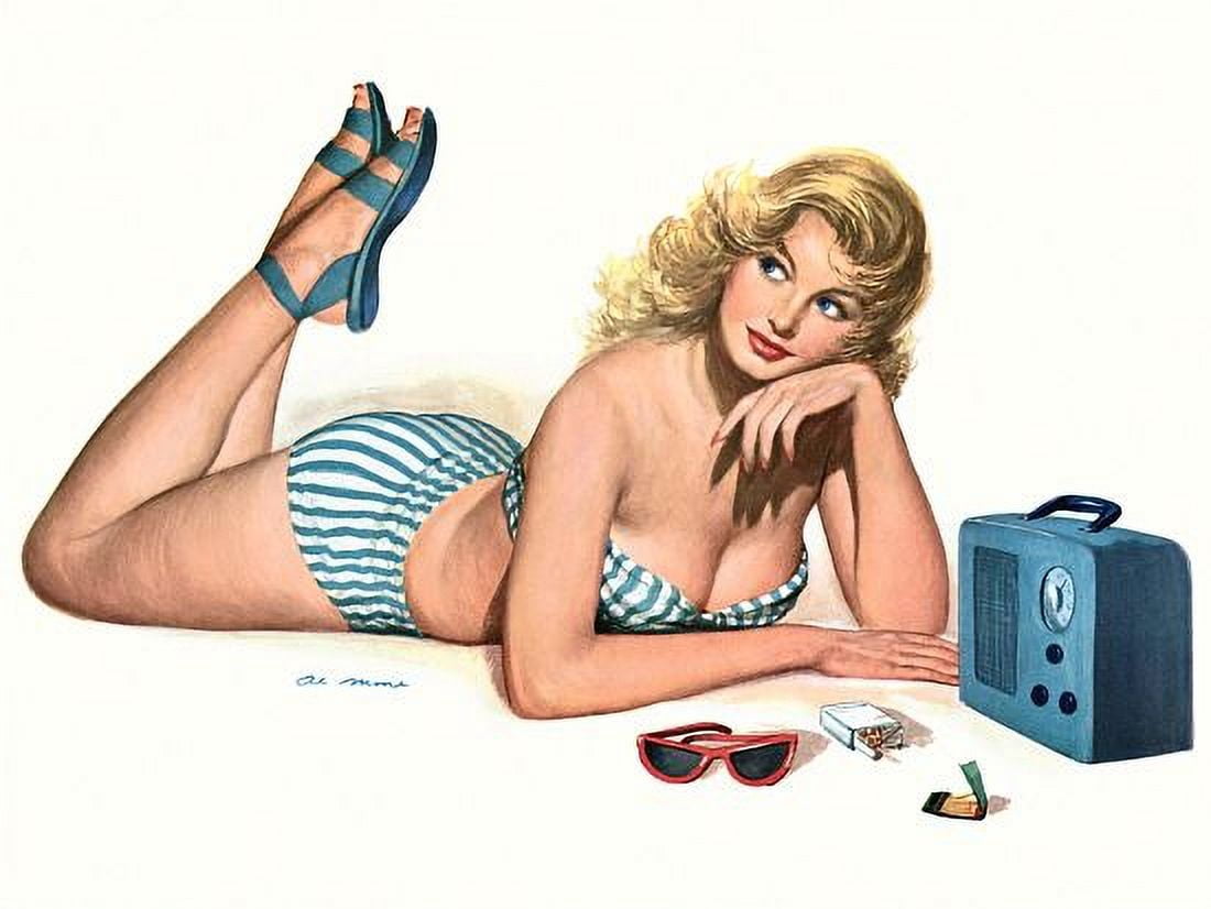 Pinup Blonde In Striped Bathing Suit Canvas Art - (18 x 24)