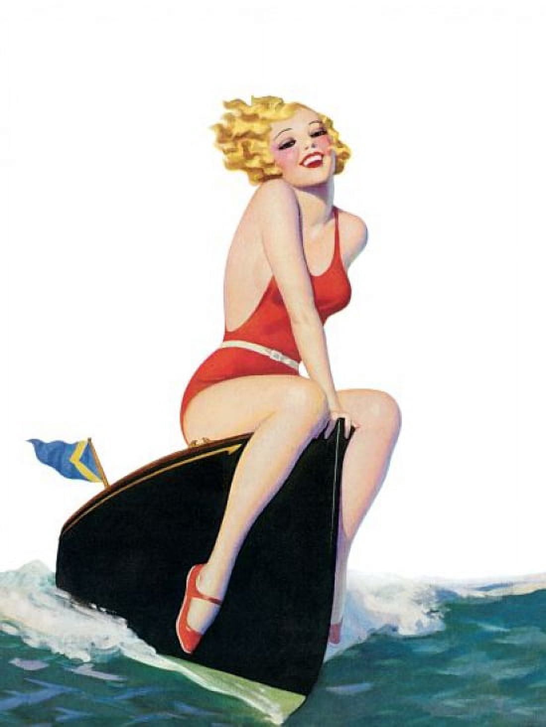 Pinup Blonde Sitting On A Boat Canvas Art - (36 x 54)