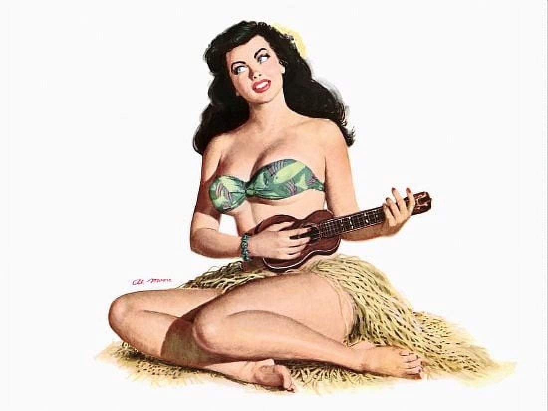 Pinup Brunette Hawaiian Playing The Canvas Art - (18 x 24)