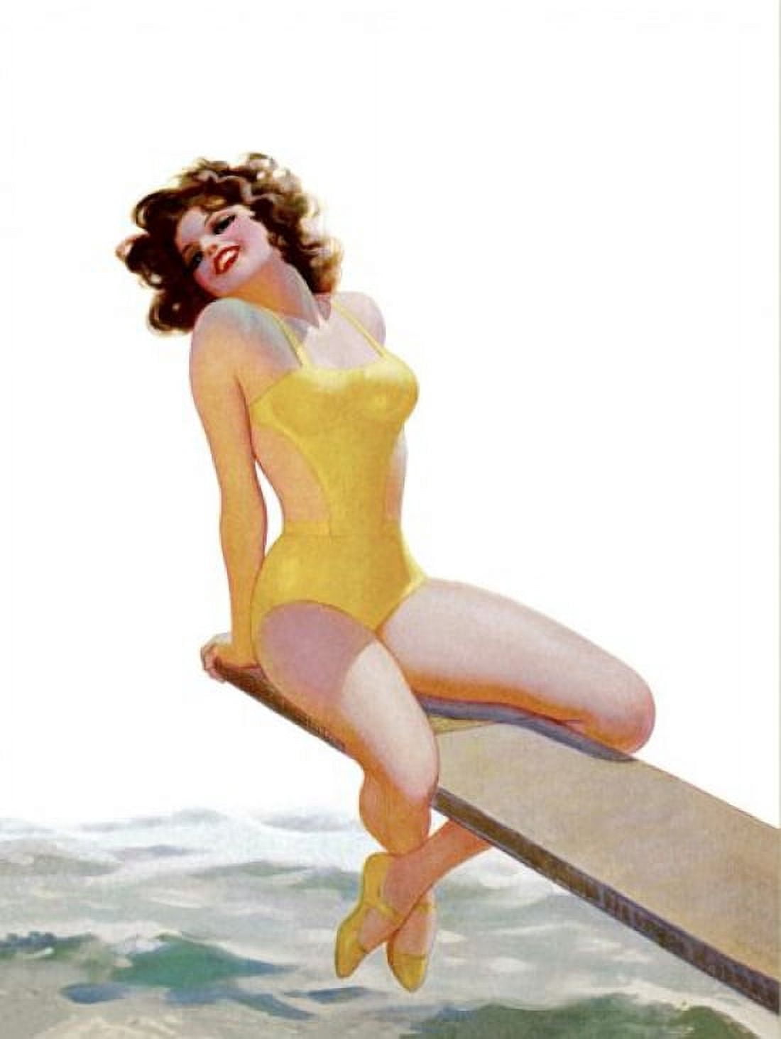 Pinup Brunette Sitting On A Diving Canvas Art - (36 x 54)