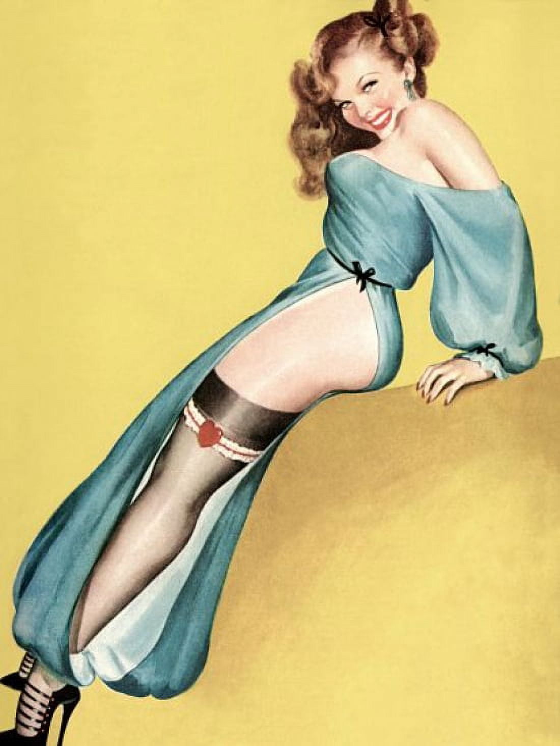 Pinup Brunette With Red Heart Garter Canvas Art - (24 x 36)