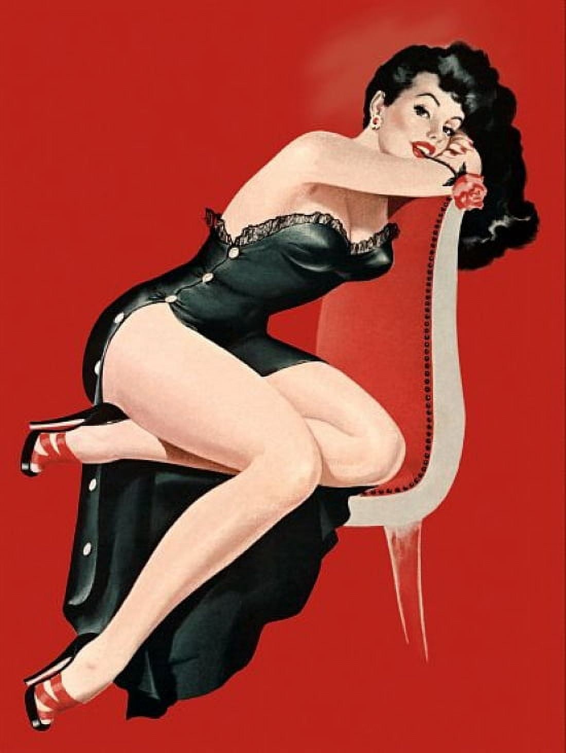Pinup Brunette With Red Rose In Mouth Canvas Art - (36 x 54)