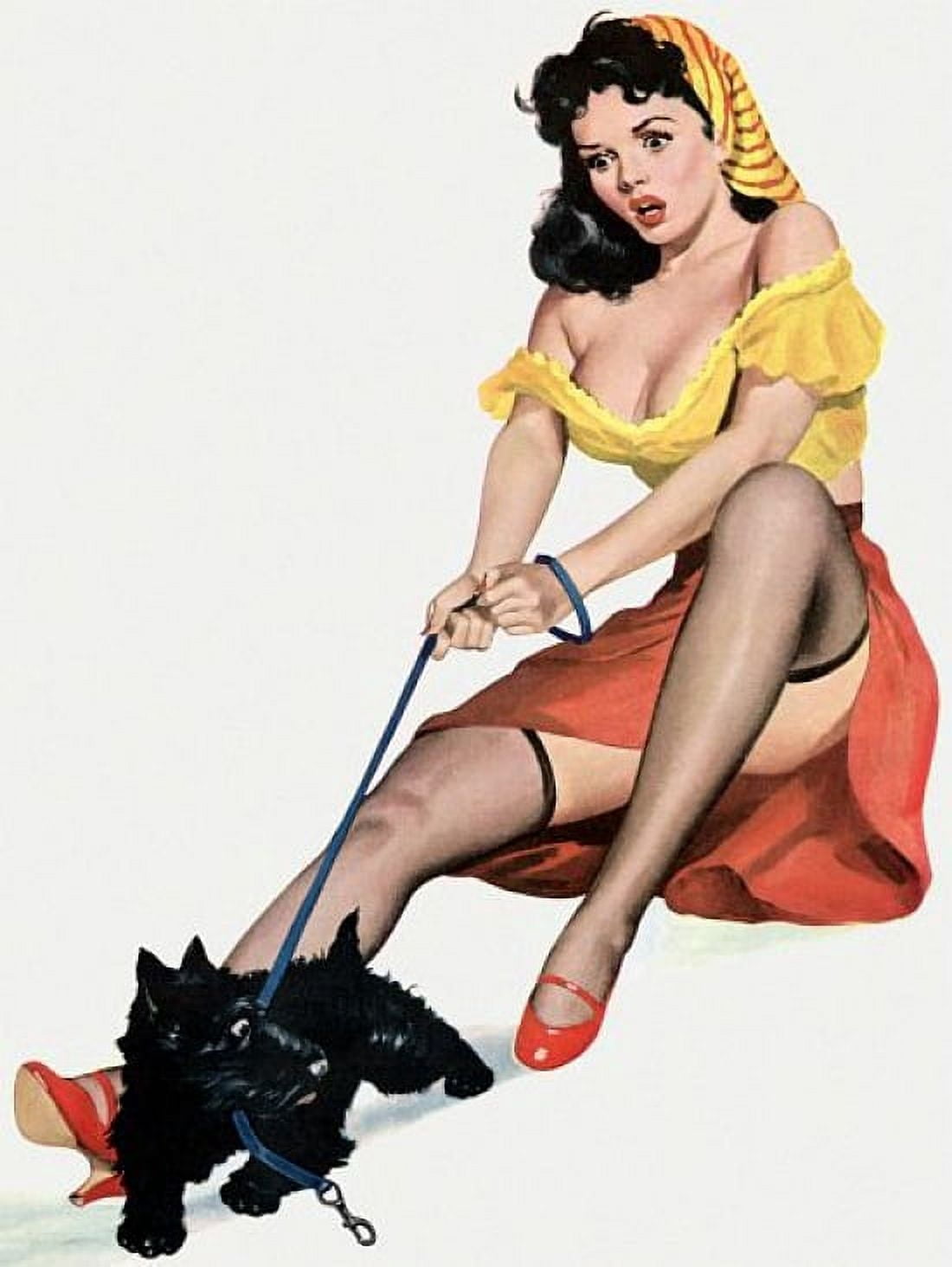 Pinup Brunette With Terrier Puppy Canvas Art - (18 x 24)