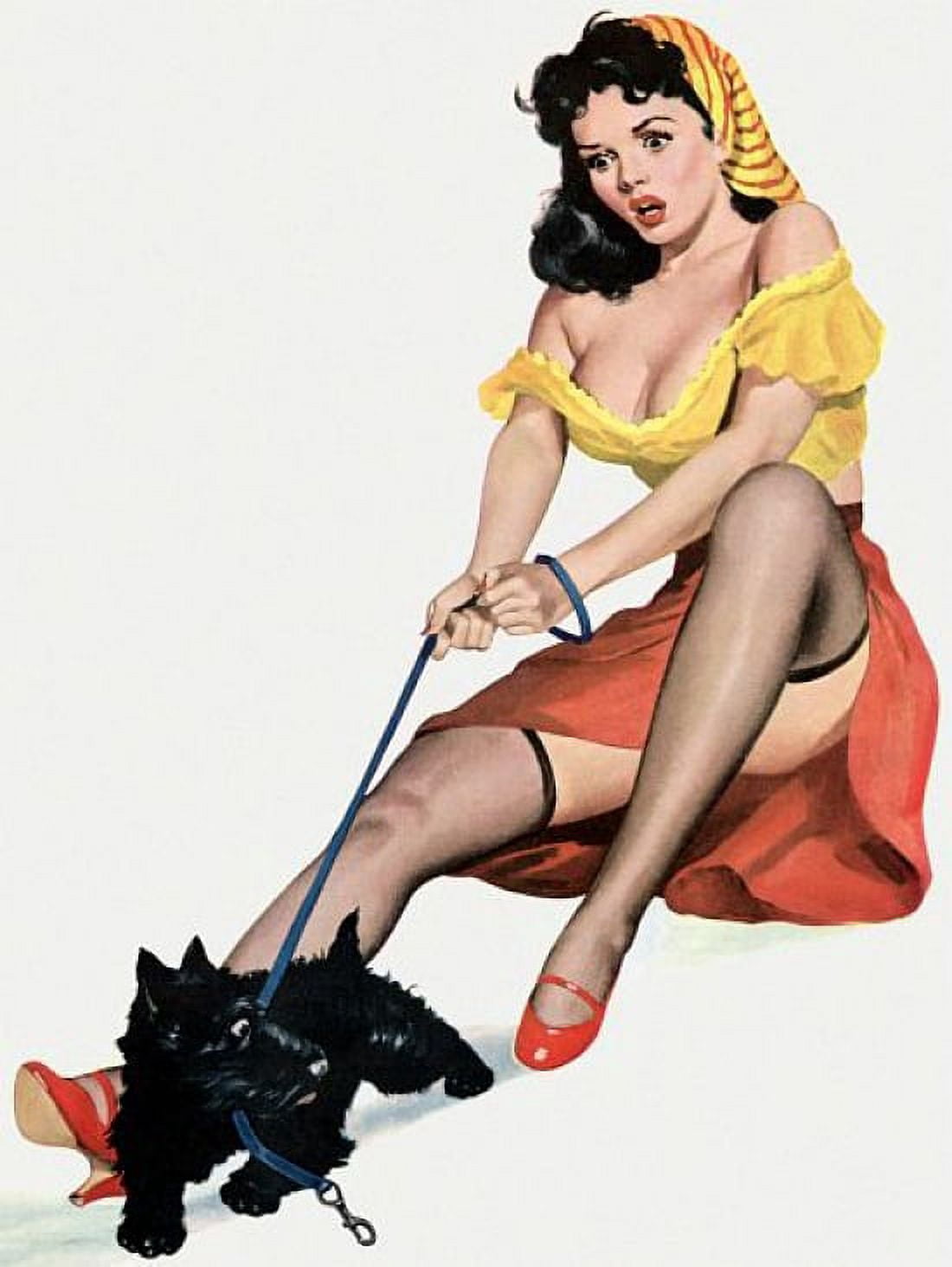 Pinup Brunette With Terrier Puppy Canvas Art - (36 x 54)