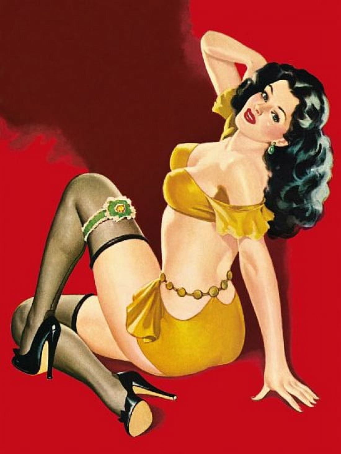 Pinup Brunette With Yellow Short Canvas Art - (36 x 54)