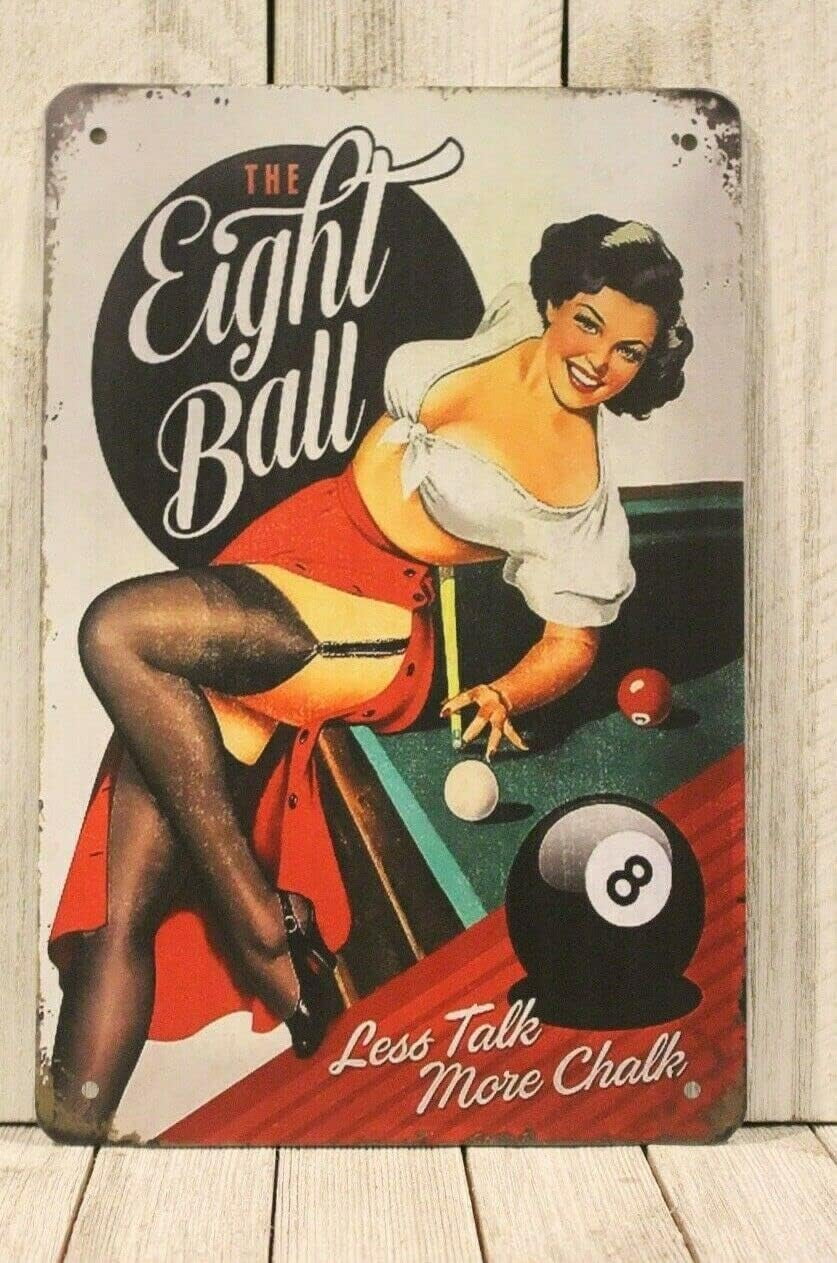 Magic Pool Motoroil – Targa in metallo goffrata con Pin Up Girl – Biliardo – Targa da parete – Decorazione bar 40 x 30 cm