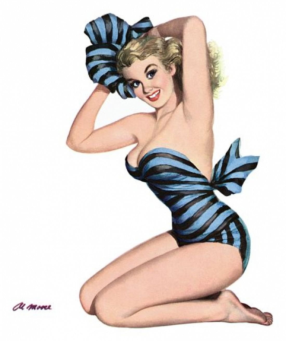 Pinup Girl Blonde In Striped Bathing Suit Canvas Art - (24 x 36)