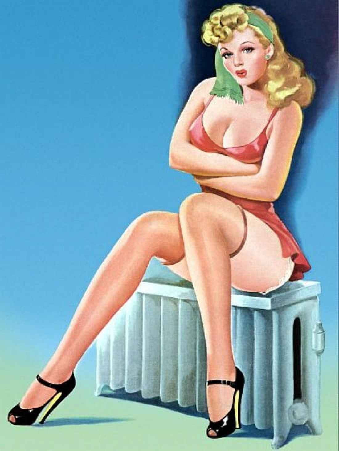 Pinup Girl Blonde Sitting On A Radiator Canvas Art - (24 x 36)