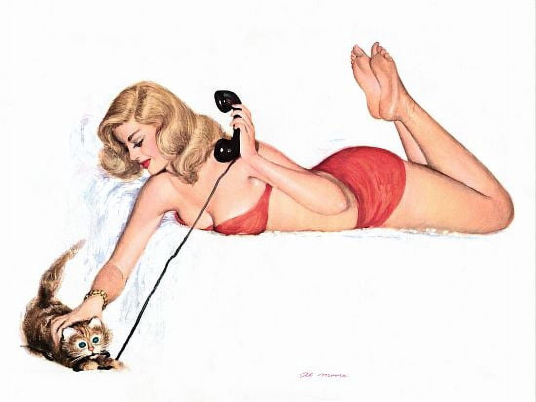 Pinup Girl Blonde With Telephone And Kitten Canvas Art - (18 x 24)