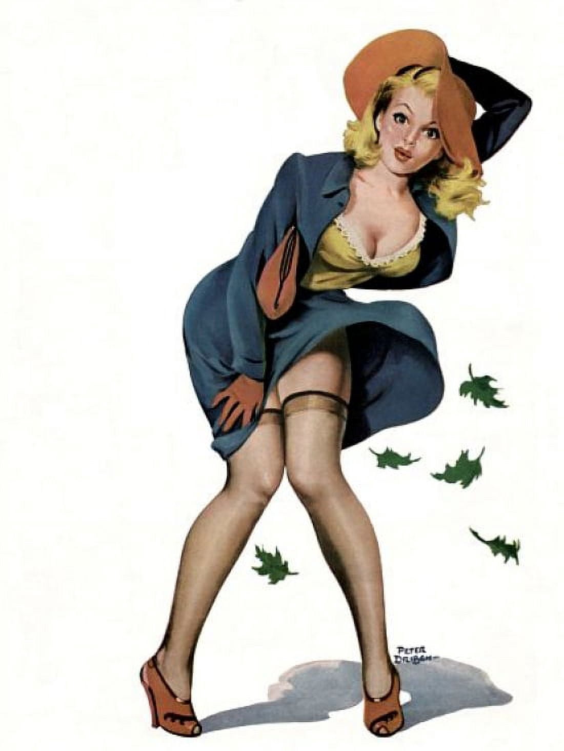 Pinup Girl Blonde With Wind Blowing Up Her Canvas Art - (18 x 24)