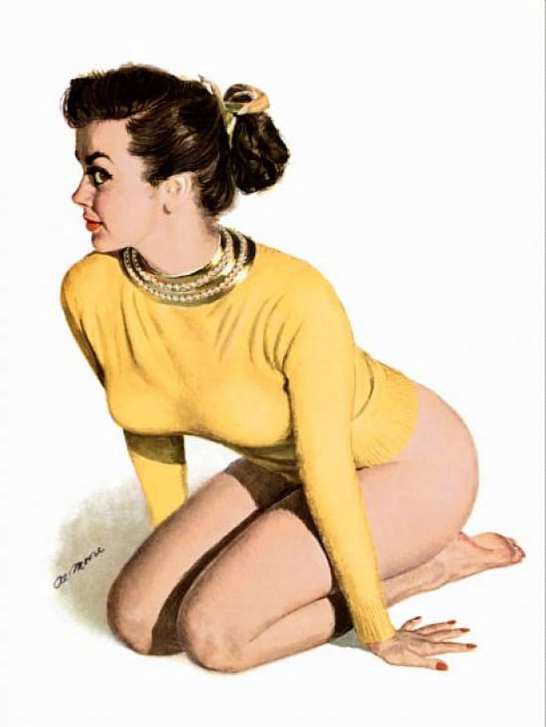 Pinup Girl Brunette In A Yellow Sweater And Canvas Art - (18 x 24)