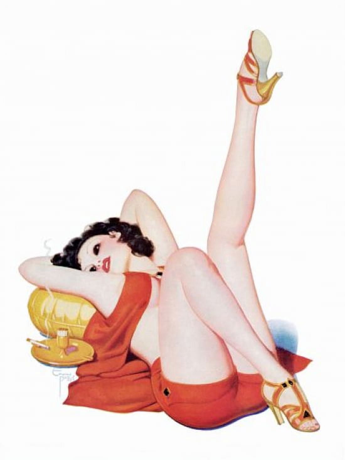 Pinup Girl Brunette Reclining On The Floor Canvas Art - (18 x 24)