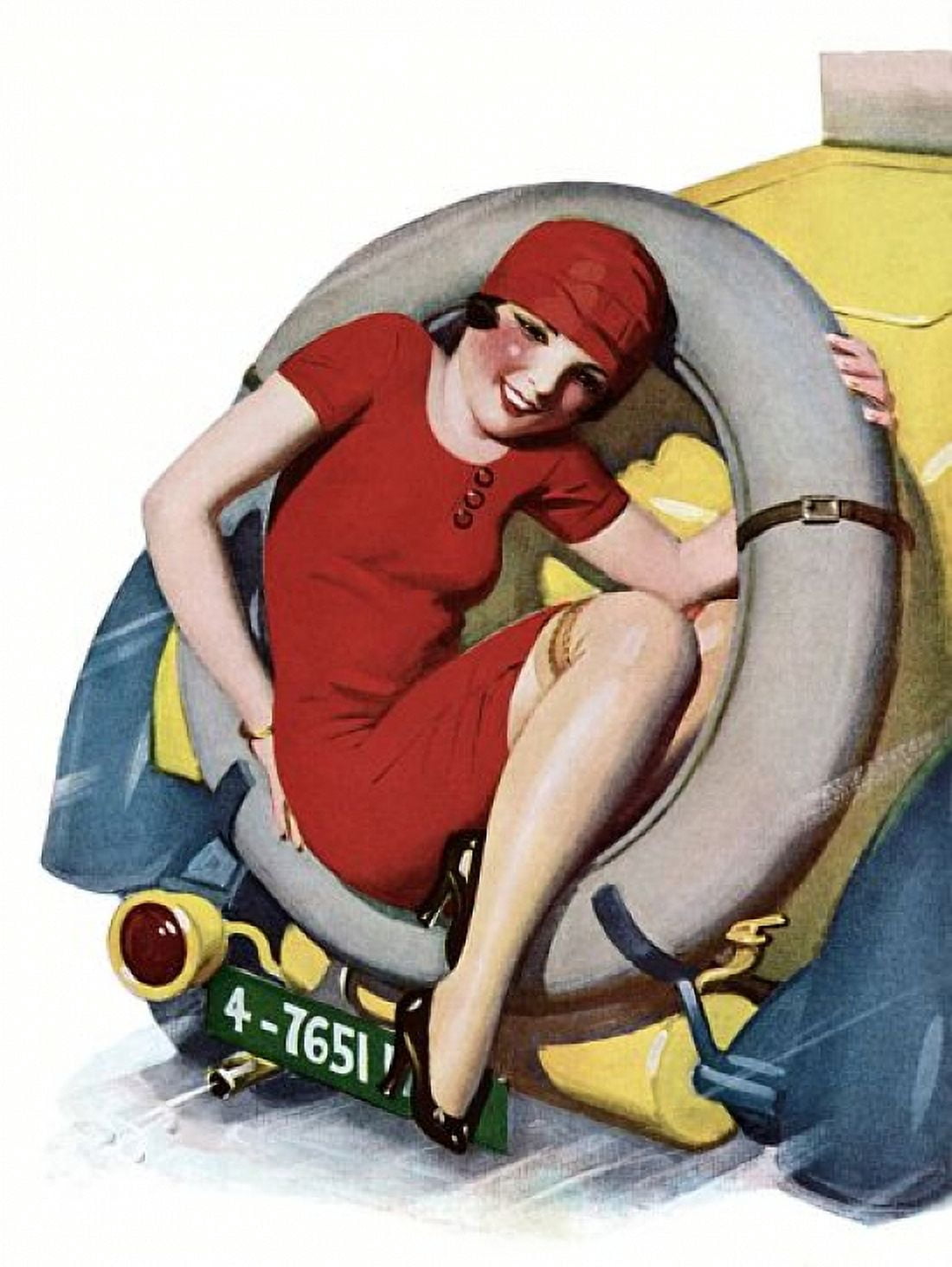 Pinup Girl Brunette Sitting On A Spare Tire Canvas Art - (36 x 54)