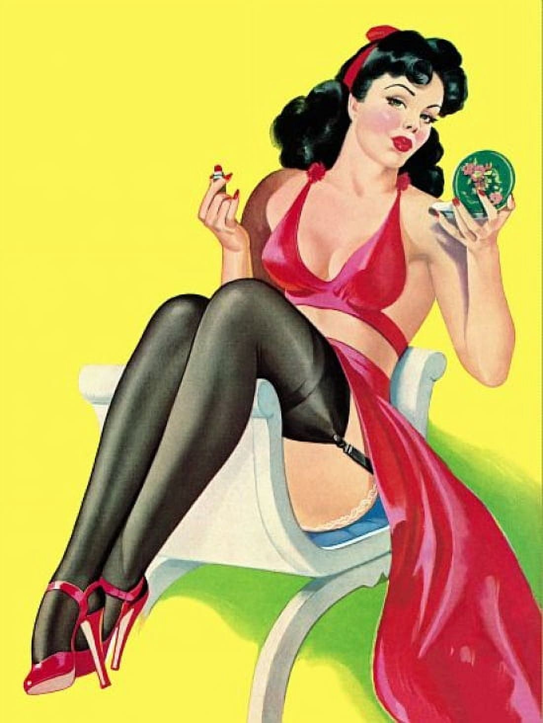 Pinup Girl Brunette With Compact And Canvas Art - (24 x 36)